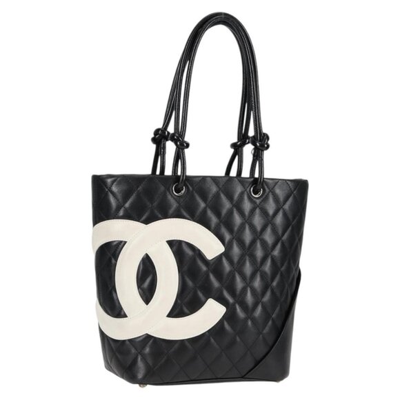 CHANEL Matelasse Cambon Line COCO Mark Tote Bag Lamb Skin Black CC Auth PP444M - Picture 1 of 16